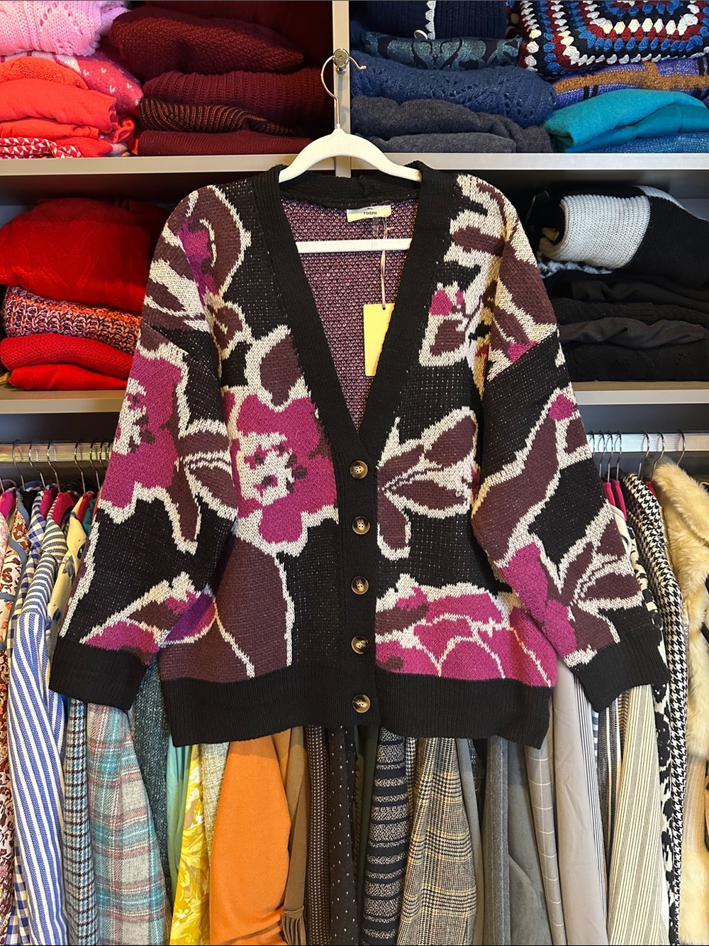 Entro black/pink floral oversized long sleeve v neck cardigan size S NWT